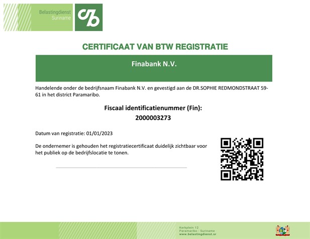 Finabank BTW Certificaat